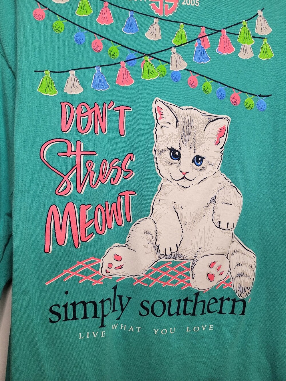 Simply Southern Teal Long Sleeve 'Don't Stress Meowt' Cat Graphic Tee Sz M